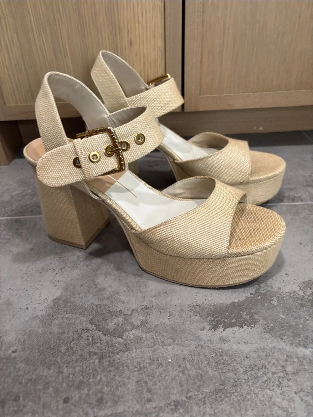 Dolce vita Neutral Beige Platform Block Heel Sandals with Gold Buckle